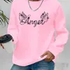Sudadera con Estampado de Letras de Ángel, Sudadera Casual de Ante con Cuello Redondo para Otoño e Invierno, Ropa para Mujer