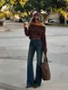 Jeans de campana azules retro americanos para mujer, nuevo estilo de otoño, de cintura alta, adelgazantes, que realzan el trasero, abotonados, de campana, pantalones de largo hasta el suelo