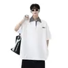Polo falso de dos piezas con media cremallera y manga corta para hombre, marca de moda de verano, ropa americana a rayas, camiseta holgada de media manga gruesa