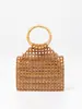 Procesamiento y Personalización de Bolsa con Asa de Bambú y Cuentas de Madera, Bolso Tejido a Mano con Cuentas para Mujer, Bolso de Mano de Bloques de Color para Uso Diario para Mujer