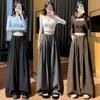 Ropa de mujer: Traje de rayas con pantalón ancho para mujer, colección otoño 2026, con diseño de corbata, fluido, adelgazante, pierna ancha, pantalón de falda largo hasta el suelo