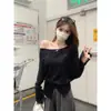 Estilo Preguiçoso e Gentil, Ombros Caídos, Gola Uma Linha Tomara que Caia, Tricô Soltinho para Mulheres, Blusa de Tricô com Fenda de Botão Estilo Coreano de Outono