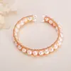 Pulsera de Perlas de Agua Dulce Zhuji con Textura Completa, Pulsera de Alambre Trenzado Retro Chapado en Cobre Dorado con Perlas Auténticas para Mujer