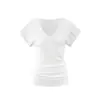 Roupa Feminina da Moda T-shirt em Lyocell Tencel com Decote V em Camadas 26 Verão 7A Slim Fit de Manga Curta Feita Sob Medida.