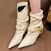 Nuevo Modelo de Comercio Exterior 2026: Botines de Gamuza Mate con Punta Fina y Tacón Bajo, con Correas y Hebilla Metálica, Botas Vaqueras de Tacón Gato para Mujer