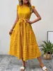Vestido de verão novo da moda europeia e americana da Amazon, transfronteiriço, para mulheres, com mangas bufantes e detalhes de amarração, texturizado