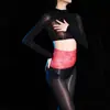 Medias de una pieza sexys de encaje en la cintura con brillo aceitoso, que cubren el pecho, exponen la cintura, talla grande, cinco dedos, sedosas y lisas, body brillante con entrepierna abierta