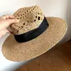Sombrero de Paja Puramente Hecho a Mano para Mujer, Estilo Nuevo, Estilo Old Money, Sombrero Francés, Vacaciones en la Costa, Sombrero de Sol Protector con Corte Tejido y Copa Plana, Talla Grande