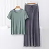 Conjunto nuevo de camiseta de manga corta y pantalones de pierna ancha para mujer para primavera y verano, ropa de estar modal talla grande, pijama casual de dos piezas
