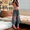 Calças Jeans Cropped Graffiti para Mulheres, Verão Novo Americano Retrô Perna Larga Reta Shorts Dopamina