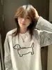 Chique Americano Estilo Preguiçoso Camiseta Casual Solta de Manga Longa Feminina Primavera e Outono Nova Listrada em Contraste Gola Redonda Top Ins