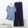 Conjunto de Duas Peças Feminino de Verão em Modal, Fino, Manga Curta, Calça Nove Quartos, Cor Sólida, Elástico, Solto, Simples, Roupa de Casa