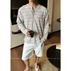 Suéter de punto con cuello Henley, jersey de manga larga a rayas hueco para hombre, estilo fino de otoño e invierno, venta al por mayor de fábrica transfronteriza