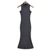 Estilo de deseo puro, vestido chaleco sin mangas de cuello semi-alto para mujer, ajustado, ceñido a la cintura, adelgazante, sexy, que se ajusta a la cadera, vestido midi de cola de pez