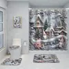Cortina de Ducha Navideña con Papá Noel, Muñeco de Nieve y Reno, Juego de Cuatro Piezas, Escena Invernal con Cabaña y Árbol de Navidad, Cortina de Ducha Impermeable