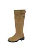 Versão em Couro Macio~Botas Femininas de Camurça Retrô com Cano Largo e Ruffles Acumulados, Fivela de Couro, Bico Redondo, Salto Baixo, Botas Western Cowboy