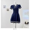 Vestido Tricotado Listrado de Estilo Academia de Manga Curta Feminino Verão Lapela Laço Cadarço Ajustado Linha A Saia Curta