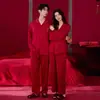Pijama Nuevo de Seda de Hielo 2026 para Parejas, Primavera y Otoño, Cárdigan de Cuello Solapa, Delgado, Rojo Brillante, Se Puede Usar Afuera, Conjunto para Estar en Casa