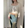 Top Corto Ajustado Dulce y Picante para Mujer, Nuevo Estilo Primavera y Otoño, Cuello en U de Deseo Puro, Ombligo al Descubierto, Camiseta de Manga Larga con Hombro Normal