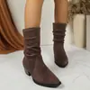 Botas de caña alta retro de terciopelo de nueva llegada transfronterizas para mujer, tacón grueso, altura media, estilizan, versátiles, botas de montar, talla grande, zapatos de mujer de comercio exterior