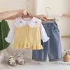 2026 Nuevo Conjunto de Ropa para Niñas Otoño Conjunto de Ropa para Niños Elegante de Moda Cuello Dibujos Animados Gato Pequeño Conjunto de Tres Piezas Estilo Primavera y Otoño
