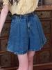 Pantalones cortos vaqueros de pierna ancha estilo americano retro para mujer, nuevos pantalones cortos holgados de cintura alta y corte en A con forma de A para verano
