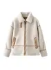 Ropa de Mujer Transfronteriza 2024 Moda Otoño e Invierno Europea y Americana Bloques de Color Patchwork Solapa Cremallera de Resina Chaqueta Cálida de Borrego Sintético