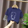 G2003# Primavera e Outono Novo Meninos e Meninas Camiseta de Manga Longa Listrada Falsa Duas Peças Camisa Base Top Casual Joker Solta T