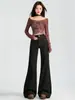 Calça Flare Preto e Dourado Estilo Retrô Americano para Mulheres, Outono 2026 Novo Jeans de Cintura Alta Emagrecedor Não Desbota de Perna Larga