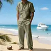 Conjunto de Camisa de Linho com Lapela de Manga Curta para Homem, Conjunto Casual de Duas Peças com Calça Longa, Atacado de Roupas Masculinas Europeias e Americanas Transfronteiriças