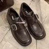 Versión de Piel de Vaca Estudiante de Música~A-Miu Puntera Cuadrada Correa de Hebilla Tacón Grueso Mocasines sin Cordones Zapatos de Cuero Genuino para Mujer