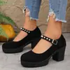 Zapatos de Invierno 2025 Estilo Nuevo Punta Redonda Boca Baja Tacón Grueso Correa Única Directo del Fabricante para Exportación Zapatos para Mujer Transfronterizos