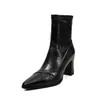 Botas elásticas de retazos de piel de oveja para mujer, Botas ajustadas, Nuevas Botas de tacón alto grueso de punta fina para Otoño e Invierno, Botines elásticos con cremallera trasera para mujer