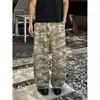 Calça Casual Camuflada Retrô Tendência para Homens, Novo Corte Solto com Design Drapeado, Calça Reta de Perna Larga Solta com Cordão