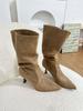 Botas Sexy de Tacón Alto con Punta Aguda, Estilo Europeo y Americano, Color Negro Pequeño, para Mujer en Otoño e Invierno, Elegantes Botas de Ante hasta la Pantorrilla, Botas Fruncidas