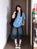 Shorts de mezclilla cropped con línea dividida estilo high street americano para mujer, pantalones de pierna ancha holgados de verano finos para mujeres petite