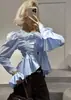Moda Feminina Internacional Aliexpress 2026 Primavera Novo Design Manga Flare Plissada Camisa Irregular com Babados