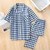 Pijama de Pareja, Algodón Puro Doble Capa de Gasa de Algodón, Conjunto de Verano para Hombre y Mujer con Cuello, Manga Corta, Pantalón Largo a Cuadros, Ropa de Casa Tallas Grandes