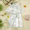 Bata de Noche de Verano Fina de Seda Simulada para Niños Manga Corta Dibujos Animados Unicornio Ropa de Casa Kimono para Niñas Rosa Blanco