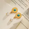 Aretes de Acero Inoxidable Acero de Titanio Brújula Dorada Turquesa Gama Alta Elegantes Nicho Europeo y Americano Ins Chapado en Oro de 18K para Mujer