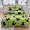 Conjunto fofo de quatro peças em algodão com aloe vera estilo coreano, com fundo verde fresco e estampa de gato preto, capa de edredom para conjunto de cama de quarto e casa de temporada