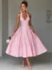 Comércio Exterior Europeu e Americano Vestido Rosa Jacquard Halter Decote em V Profundo Feminino Festa de Banquete Madrinha Festa de Aniversário Vestido de Noite de Cintura Alta