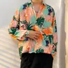 Camisa floral retrô vintage estilo Hong Kong para homens e mulheres, marca da moda de verão, camisa jaqueta havaiana casual de manga comprida solta para casais