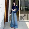 Novedad Otoño 2026 Pantalones Jeans Americanos de Pierna Ancha de Tejido de Bambú para Mujer, Cintura Alta, Holgados, Adelgazantes, Rasgados, Acampanados