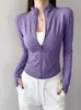 Chamarra de yoga con cuello alto para mujer, diseño de retazos, ropa deportiva ajustada, efecto adelgazante, adecuada para entrenamiento de Pilates y fitness, top de yoga de manga larga