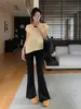 Calça de maternidade que não aperta a barriga, estilo primavera e outono, forrada com fleece e espessa, adequada para usar como outer wear, calça flare, cintura alta, modeladora, com suporte para a barriga, calça longa