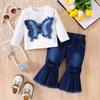 Amazon otoño e invierno nuevo top de manga larga con parche de mariposa pantalones de mezclilla con lazo de cuerno traje para niñas