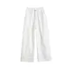 Calça Baguete de Algodão Tencel à Prova de Três Coisas, Caimento Solto, Perna Larga, Cintura Alta, Jeans Branco Puro Bordado com Contas, Calça de Vovó, Comprimento Cropped