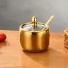 Tarro de Condimentos de Acero Inoxidable 304 Transfronterizo Estilo Coreano Tarro de Aceite de Chile Azúcar Sal Acero Inoxidable con Cuchara Tarro de Condimentos Creativo para Cocina