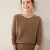 Camiseta de punto de cachemir trenzado de manga tres cuartos con cuello redondo para mujer, Suéter de cachemir elegante de manga media suave y ceroso
